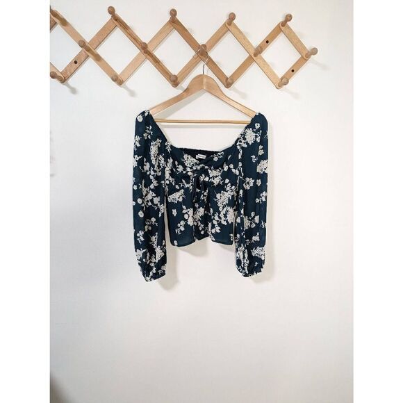 Abercrombie & Fitch Women's Green Floral Smocked Back Cutout Crop Top - Size S - Picture 1 of 7